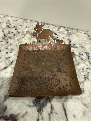 Vintage Hammered Copper Trinket Dish French Bulldog Boston Terrier Cutout Tray