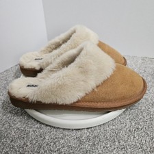Minnetonka Womens Tan Suede Faux Fur Lined Slippers Mules Slip On Shoes Sz 8