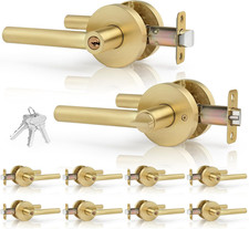 10 Pack Satin Brass Door Handles with Lock Keyed Alike Interior Lever Set Bulk