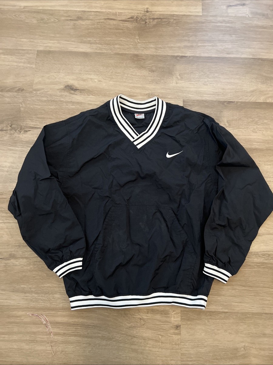 Vintage 90s Nike Windbreaker Pullover Black V-Neck Striped Trim