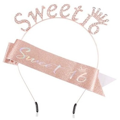 Atoden Sweet 16 Birthday Sash Headband Princess Tiara Crown 16th Rose Gold