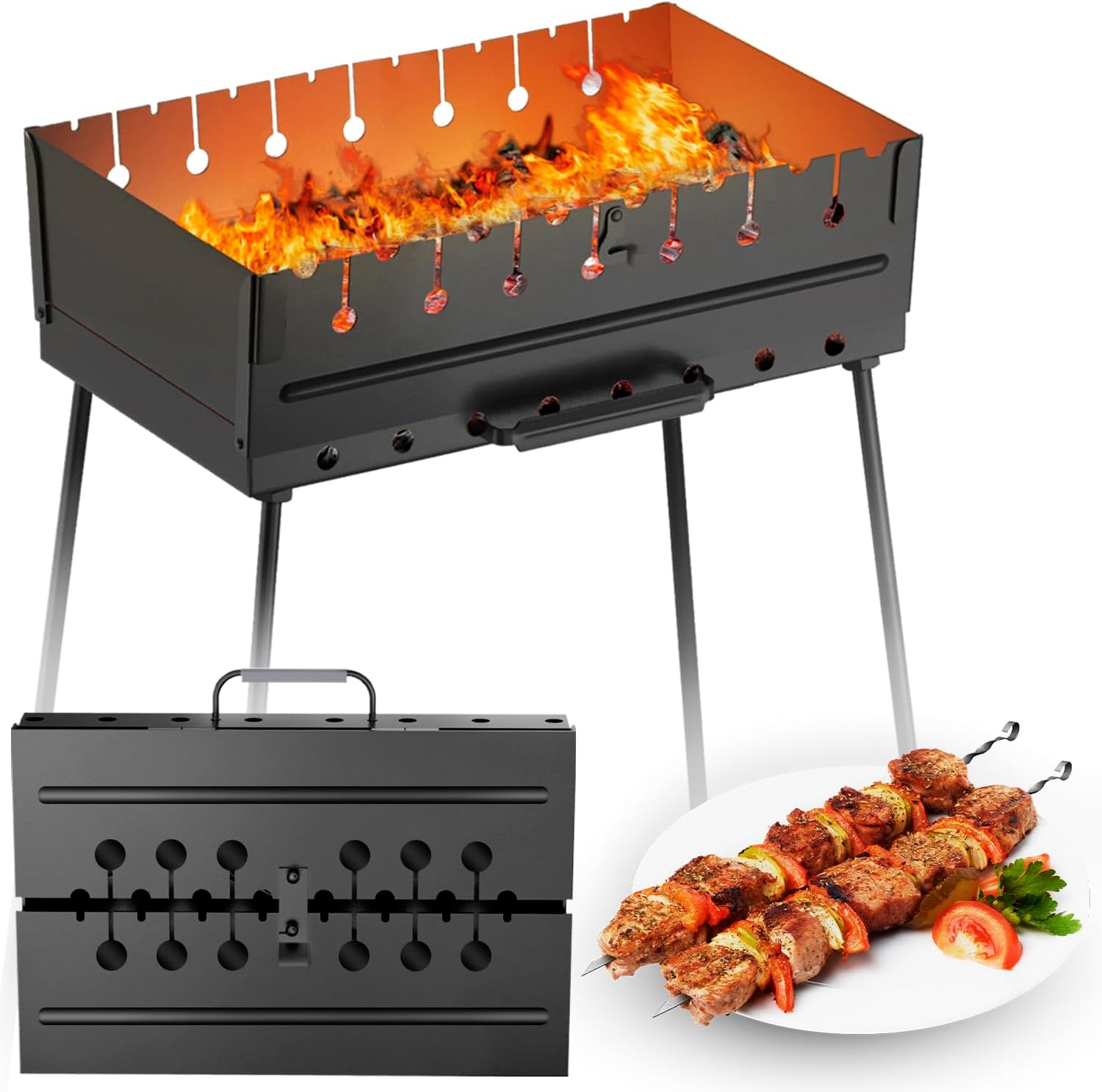 Portable Foldable Charcoal Grill Eight Skewers Camping BBQ