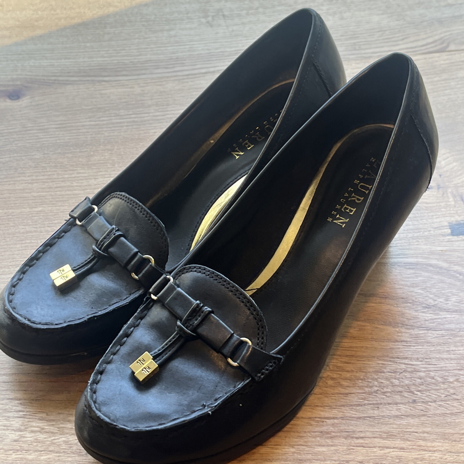 Lauren Ralph Rory Black Leather Wedge Pump Loafer Gol… - Gem