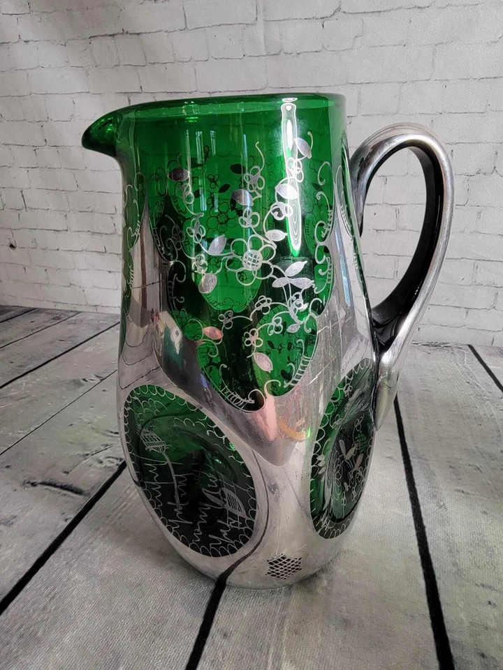 ANTIGUO Juego de Jarra de Agua de Vidrio Artístico Pellizcado con Superposición de Plata de Ley Foto 2 de 4