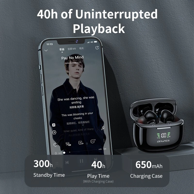 Awei TA8 ANC Bluetooth Earphones Wireless Headphones LED Display TWS Headset - Image 3 of 4