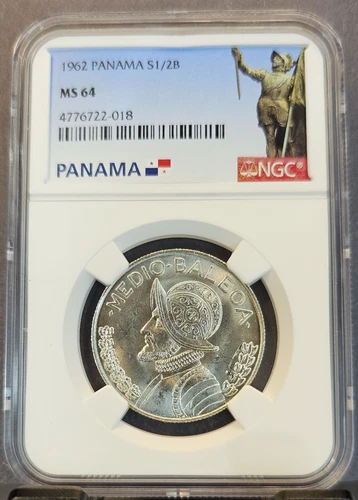 1962 PANAMA SILVER 1/2 BALBOA VASCO NUNEZ DE BALBOA NGC MS 64 BRIGHT BU BEAUTY
