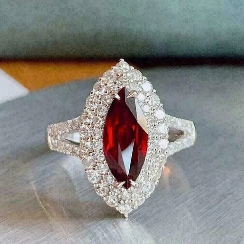 2Ct Marquise Cut Simulated Garnet Engagement Ring 14K White Gold Plated Silver - Picture 3 of 3