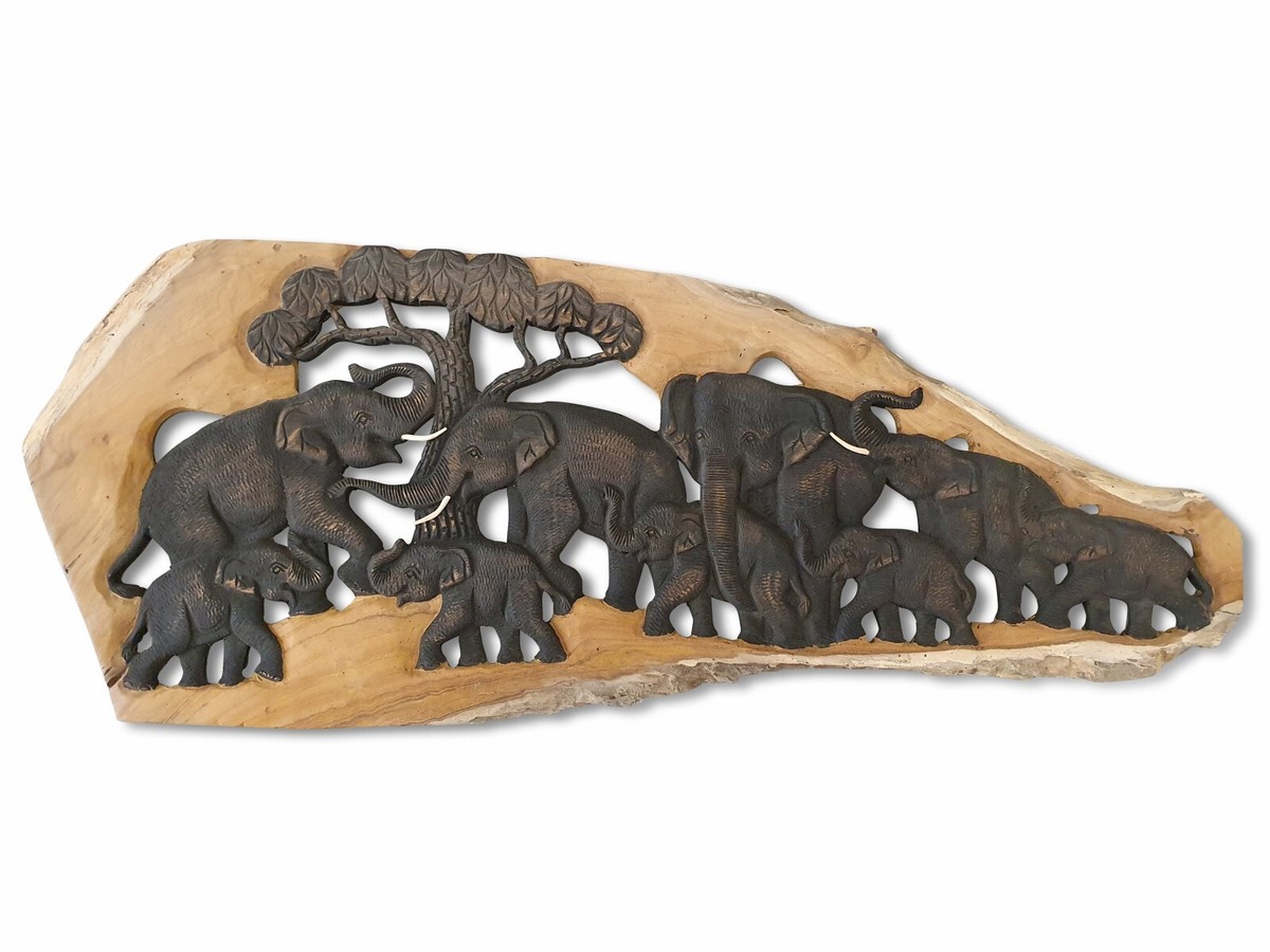 Tableau Mural éléphants Relief Teck - Sculpture Bois Naturel Thaïlandais, Déco Asiatique