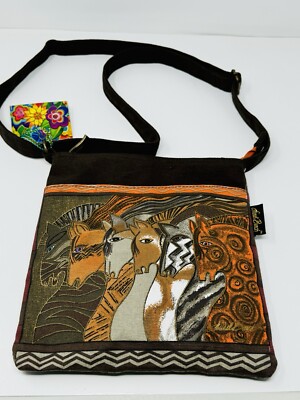 Laurel Burch Crossbody Bag ''Moroccan Mares'' Canvas Purse Horses Brown & Orange