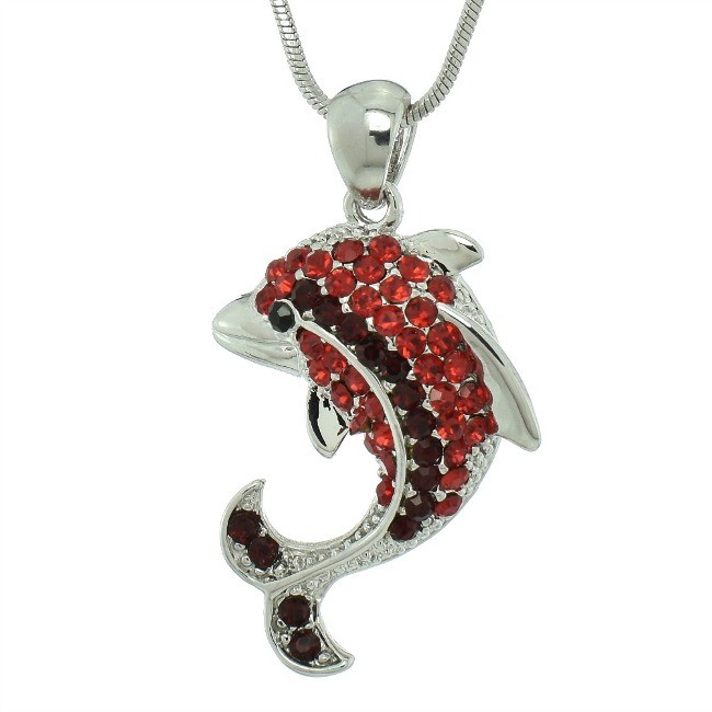 Swarovski Crystal Dolphin Red Ocean Pendant Necklace with 18 Inch Chain