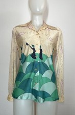 VTG 70s Disco Women  s Top SZ S/M Dagger Collar Print Nylon SUNNY SOUTH FASHION