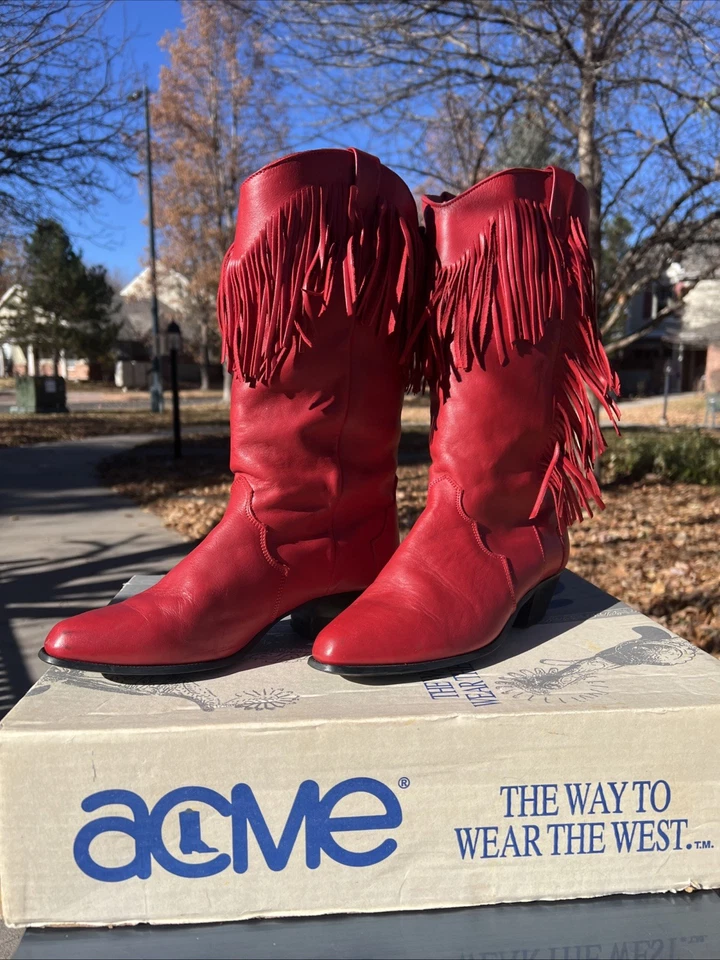 IMPRESIONANTES BOTAS DE VAQUERO DE COLECCIÓN de flecos rojos Acme Dingo Pull-on para damas EE. UU. Mixed Mater 8! Foto 4 de 4