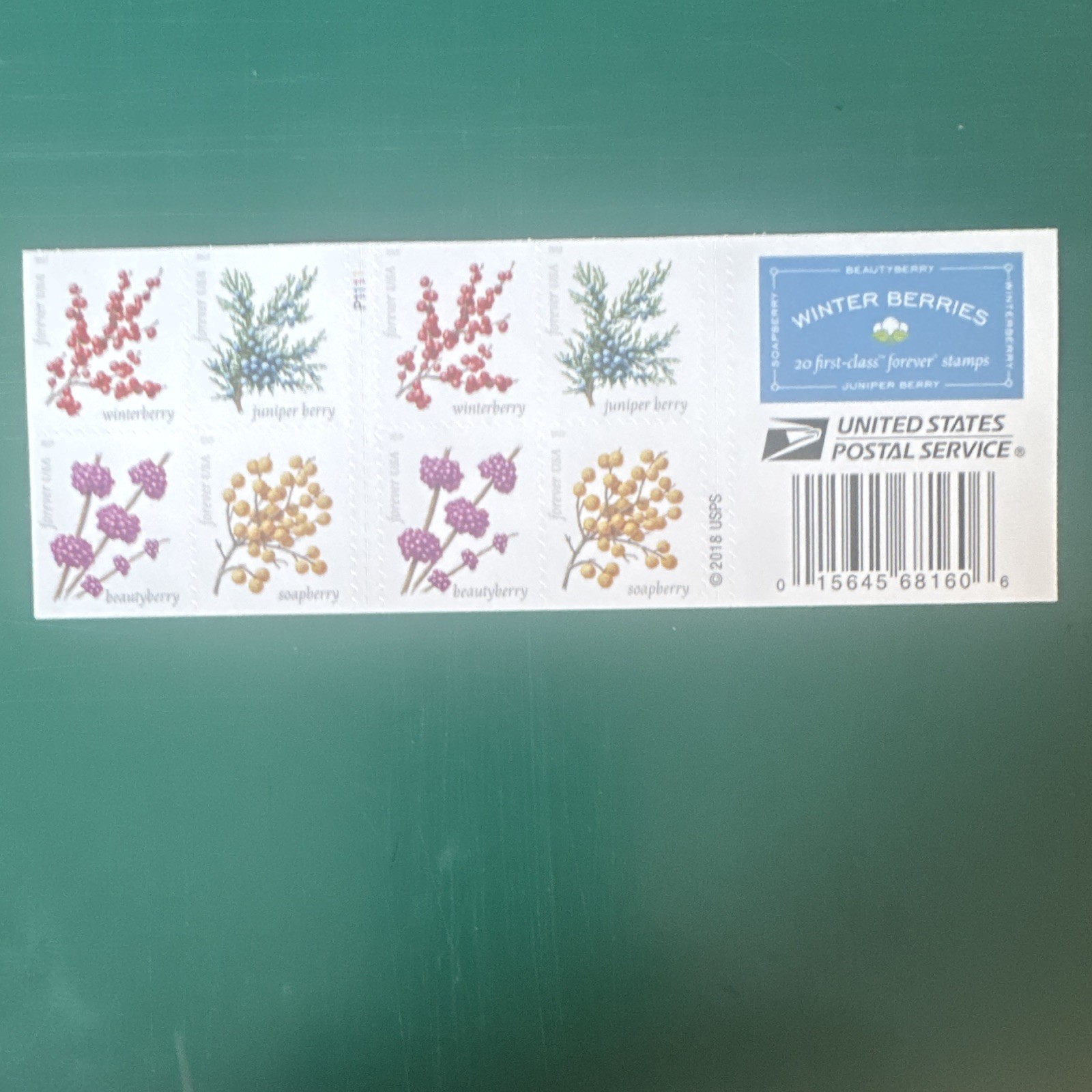 USPS 5415-18 Winter Berries Forever Stamps Booklet Pane 20 MNH 2018 CV$35