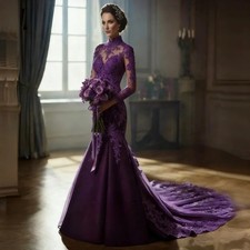 Purple Mermaid Prom Dresses High Neck Long Sleeves Lace Appliques Evening Gowns