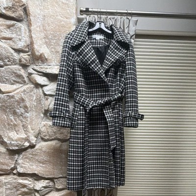 NOIZE Women s Houndstooth Long Trench Coat Belted Tie Lined Black/White M/M