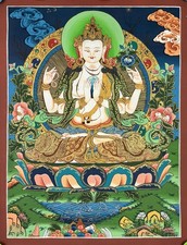 White Buddha Thangka – Handgemalt in Nepal, 45×60 cm