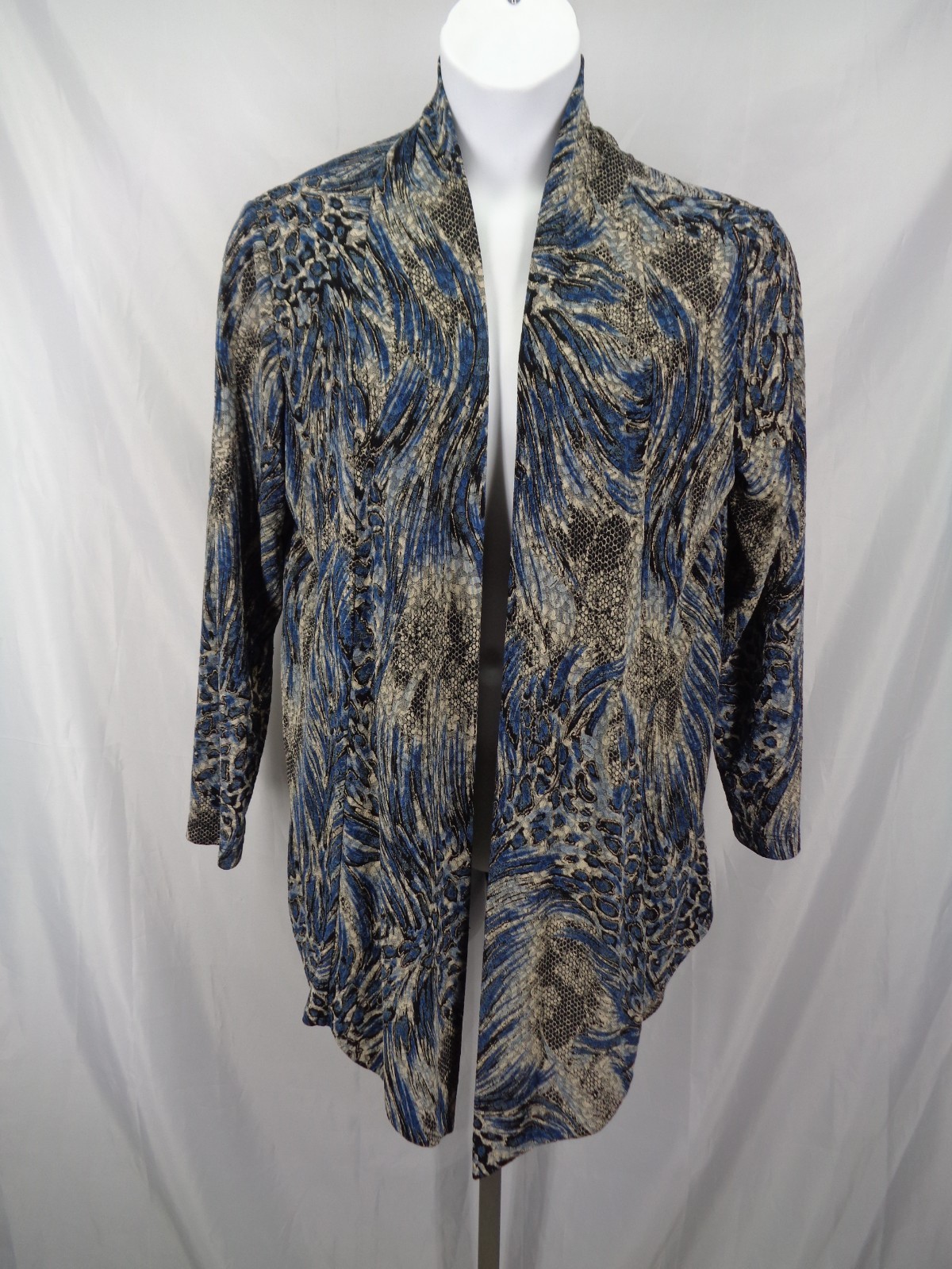 Chicos Blue Beige Jacquard Travel Knit Open Front Cardigan Top Size 2 (12) Large