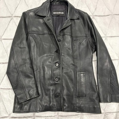 Hudson Vintage Real Leather Button Down Jacket Women s 2X Fitted Pockets Black