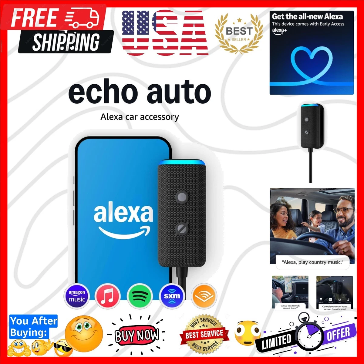 Amazon Echo Auto 1a Gen – Assistente Smart Per Auto – Nero – Alexa A Bordo – Nuovo