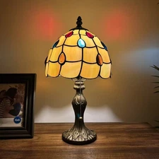 Tiffany Style Mini Table Lamp Gold Stained Glass Crystal Beans LED Bulb 15'H*8"W