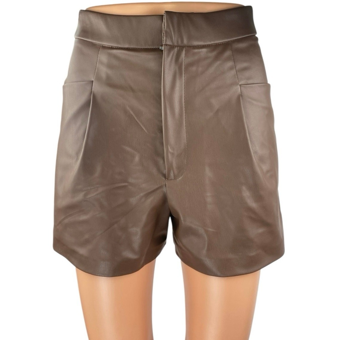 Zara Women's Brown Faux Vegan Leather Pleated High Waisted Wide