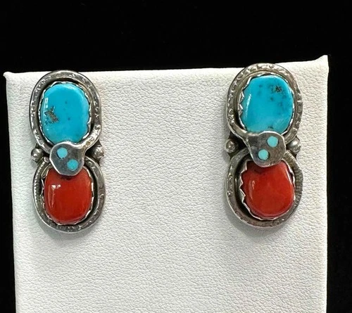 Vtg Effie C. (Calavaza) Zuni Handmade Turquoise & Coral Snake Post Earrings