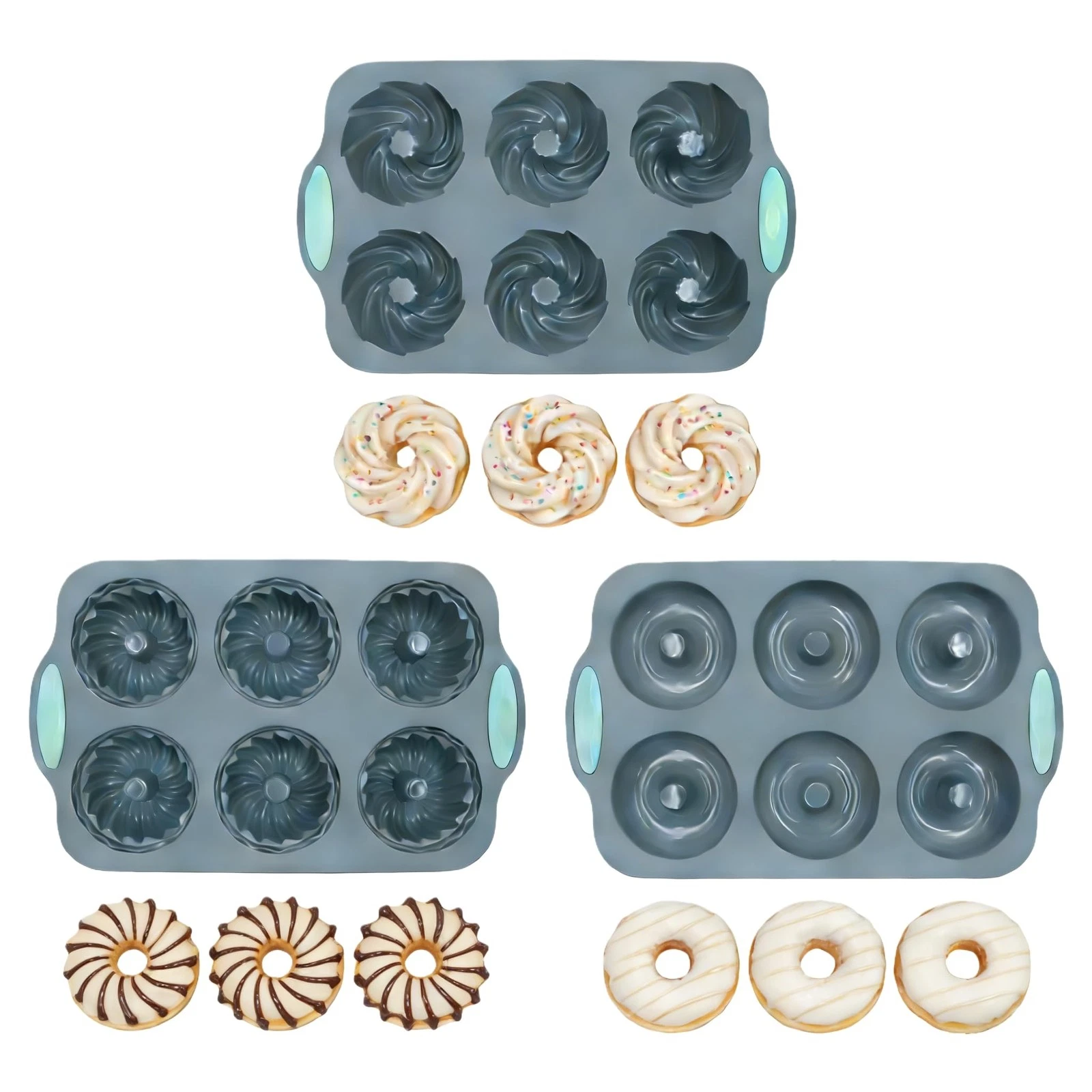 Pack of 3 pcs Silicone Donut Baking Pan Non Stick Donut Mold Baking Tray with...