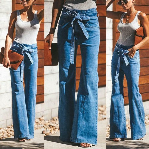 Moda Mujeres Hippie Boho parte inferior de campana de cintura alta  pantalones Jeans Stretch Flare S-2XL | eBay