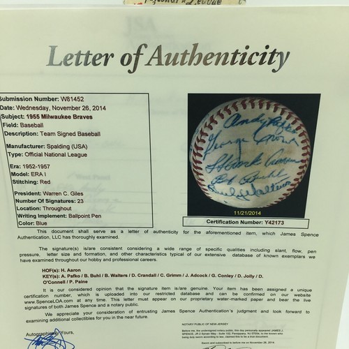 Beautiful 1955 Milwaukee Braves Team Signed Baseball Hank Aaron JSA COA - Picture 10 of 12