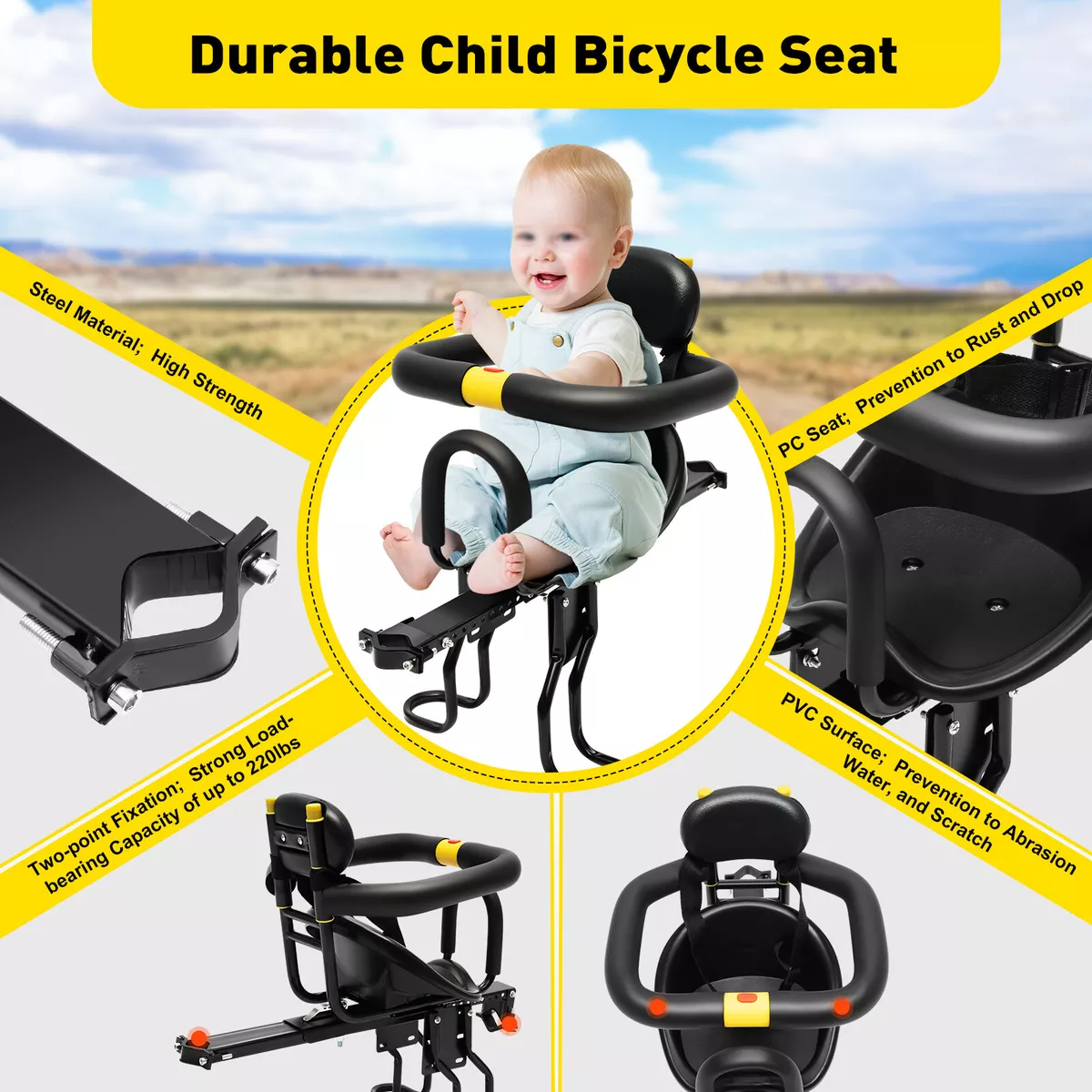 Kids Bicycle Chair Baby Bike Safety Seats Toddler Child Seat for Bicycle Black