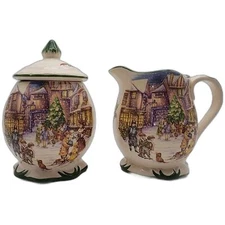 Vintage Winter Scene England Ceramic Sugar Bowl & Cream Pitcher