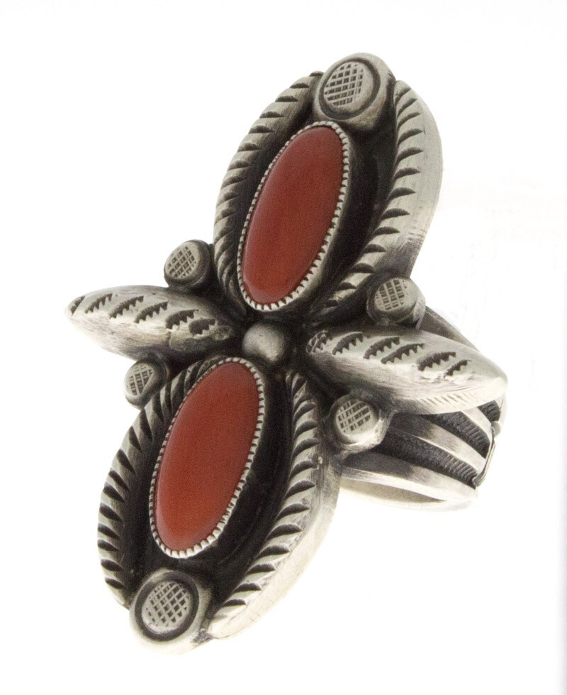 High Grade Natural Mediterranean Coral Ring By Navajo Artist 