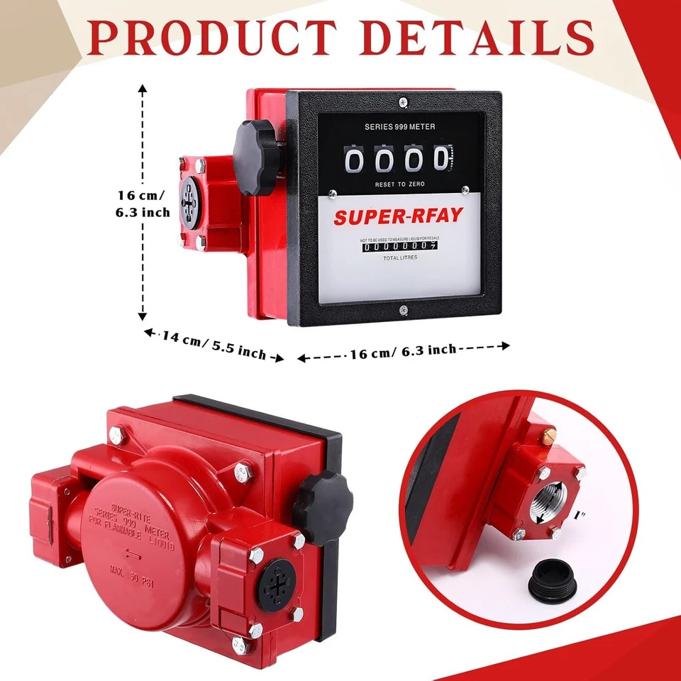4 DIGIT Fuel Flow Meter 1 Inch 1" Outlet Liter Litre Transfer Pump Measure NEW - Image 2 of 4