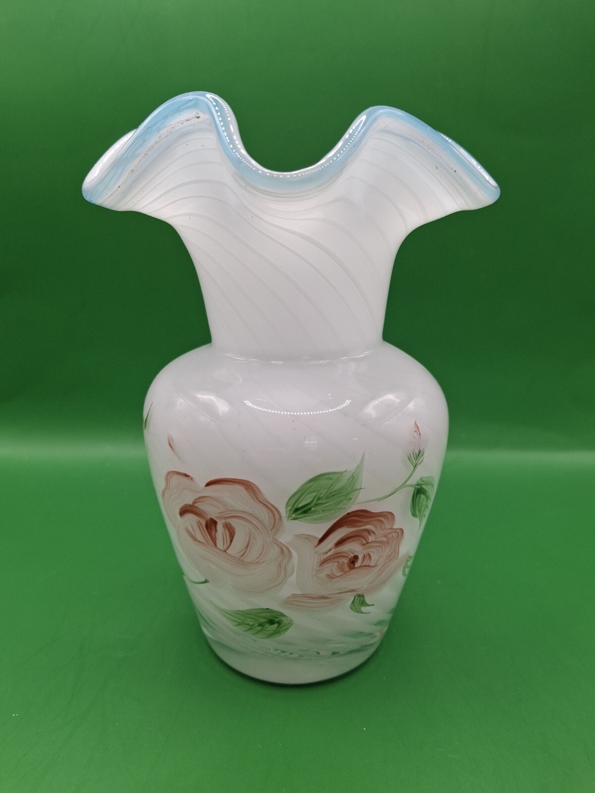 Vtg Fenton White Opalescent Swirl Vase Blue Crest Ruffled Rim Hand ...