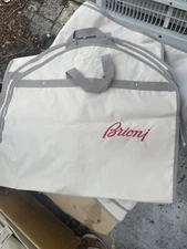 Brioni Garment Bag Beige Grey Trim Red Embroidered Tag Zip Snap Button-BLEMISHED