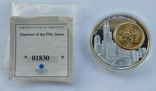 2003 Illinois Skyline Gold State 25C In Proof American Mint Medallion Free Post - Picture 2 of 5