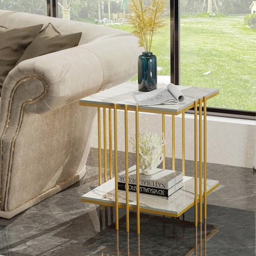2 Tier Modern Marble Coffee Table Side End Table Sofa Corner Side Bookshelf - Picture 10 of 12