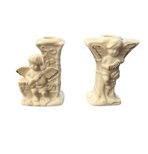 2 Vintage Ceramic Angel Cherub Holiday Christmas Taper Candle Holders Gold Edged