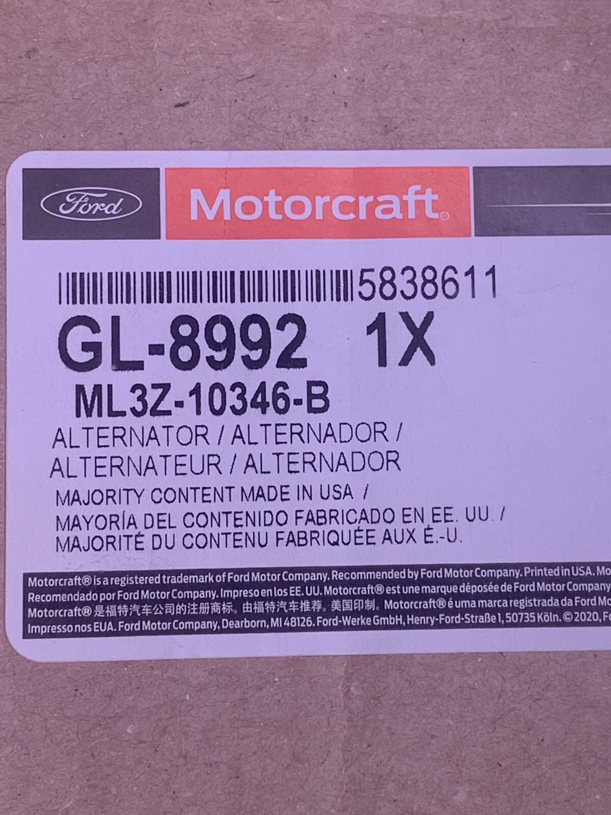 Alternator Motorcraft GL-8992 ML3Z-10346-B fits 21-22 Ford F-150 