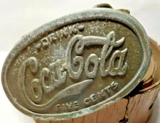 Vintage Drink Coca Cola Five Cents Belt Buckle on Vintage Belt