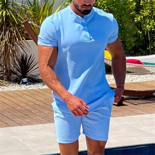 Mens Sweatsuits 2 Piece Short Sleeve Linen T-Shirt Tracksuit Sets Shorts Suits