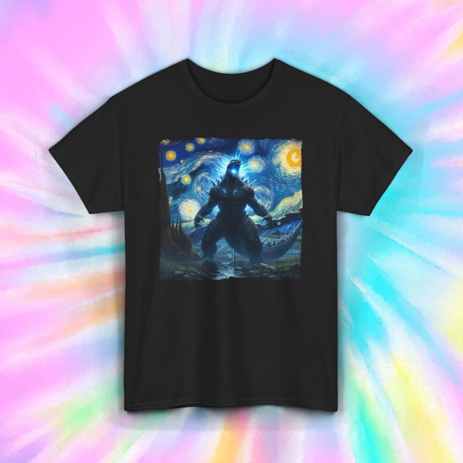 Godzilla Starry Night T-Shirt Unique Monster Art Graphic Tee S-4XL
