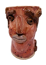 Vintage Julius Ceasar Studio Pottery Folk Art Ugly Face Vase Signed KC 5 3/4"