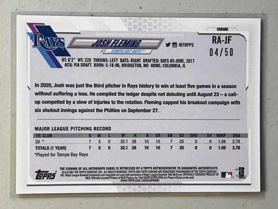 Josh Fleming 2021 Topps Chrome /50 Gold Wave Refractor RC Auto Autograph Rookie - Image 2 of 2