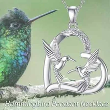 Elegant 925 Sterling Silver Heart Hummingbird Fashion Jewelry Pendant Necklace
