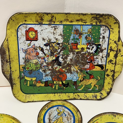 1930s RARE J Chein Micky Mouse Pluto Childs 8 pc Tin Tea Set WDP Rusty! - Picture 8 of 13