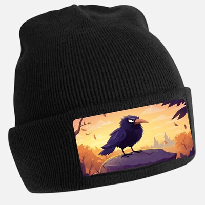 Black Beanie Hat with Cool Angry Crow Motif - Unisex Cap, Cotton