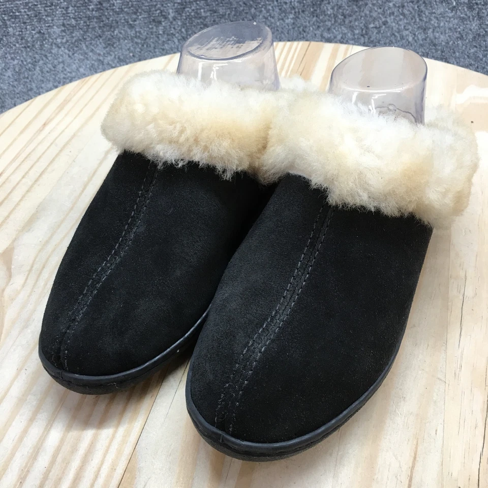 Zapatillas Minnetonka para mujer 7 mulas cuero negro piel de oveja punta cerrada cómodas Foto 3 de 4