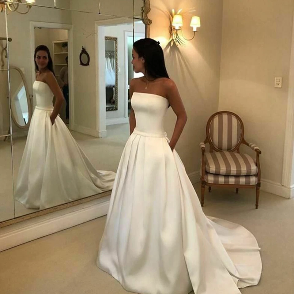 Blanco Marfil Vestidos de Novia Vestido Sin Tirantes con Bolsillos Barrido Tren Vestido de Novia Foto 2 de 4