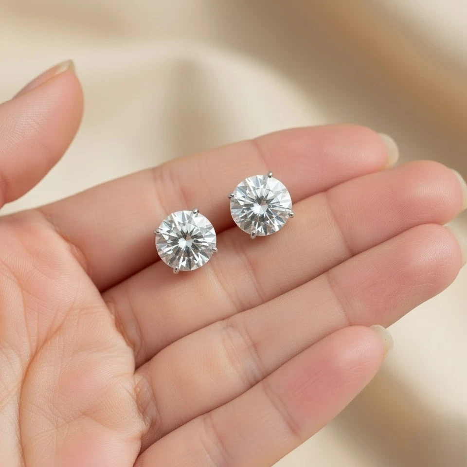 1CT Round Cut Lab Grown Diamond Stud Earrings 14K White Gold G/VS Solitaire - Image 4 of 4